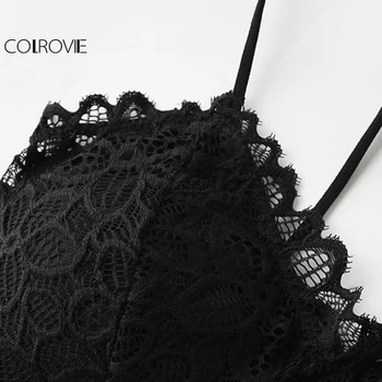 COLROVIE Black Lace Crop Top Strappy Spate Sexy Bralette Femei Dantelate Ornamente Vintage de Vara Topuri 2017 Taie Mozaic Bretele