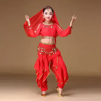 Copii indieni Dans Indian 4 bucata Set Costum (de Sus, Curea, Fusta și Bucăți de Cap) Copii Bollywood, Dans, Costume, pentru Fete