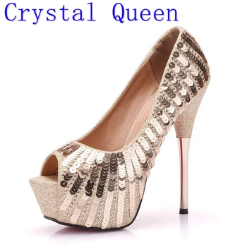 Cristal Regină Bling Bling Sclipici Aur Impodobita Cu Toc Înalt Pantofi Peep Toe Pompe De Platforma Femei Rochie De Petrecere Pantofi Sandale Tocuri