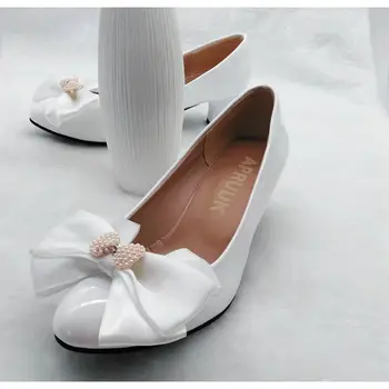 Cu toc mediu fluture alb-nod nunta pantofi mireasa plus dimensiune rotund toe manual doamna satin alb, papion, pantofi de mireasa