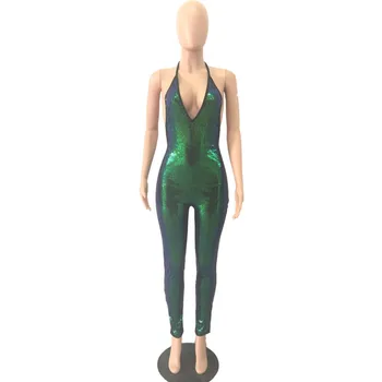 Culoare Verde Cu Paiete Femei Salopetă Sexy V-Neck Halter Backless Club De Femei Costume