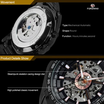 Câștigătorul Brand Bărbați Ceas de Moda Automată Schelet din Oțel Inoxidabil Brățară Ceas de mână Mecanice Culoare Negru