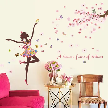 Dans fată floare care zboară fluturi autocolante de perete pentru camere de copii, living decor acasă desene animate pvc decalcomanii de perete diy arta murala