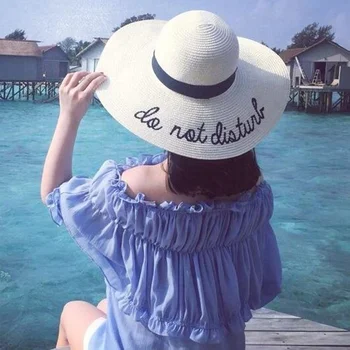 De vânzare la cald Margine largă pălării de soare pentru femei Scrisoare Broderie Pălării de paie fete Nu Deranjeze Doamnelor pălării de Paie de Pliere călătorie pac