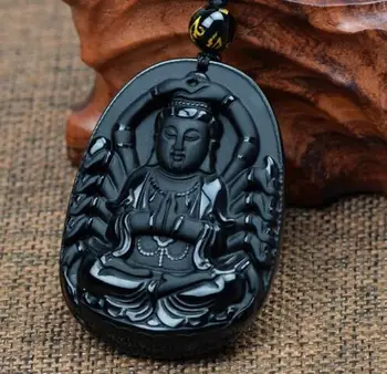 De înaltă Calitate Naturale Obsidian Negru Sculptat Mii de Mâini De Guanyin Buddha Pandantiv Colier Pentru Femei Barbati pandantive Bijuterii