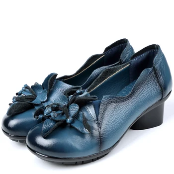 DRKANOL Piele naturala Med Toc Gros Pantofi Femei Alunecare Pe Pantofi Casual Confortabil de Vacă din Piele Pantofi pentru Femei de Dimensiuni Mari 35-42