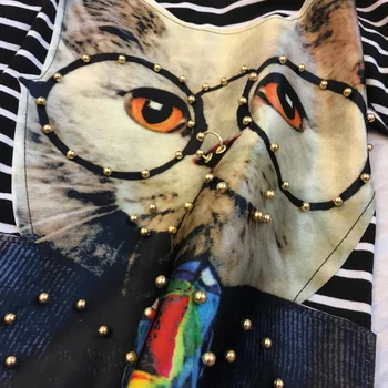 Drăguț Lungi cu Dungi ștrasuri din Mărgele Rochie Nit Spaghete Slash Gât 3D Cat Imprimate fusta Dreaptă Elastic Boho Rochii T-Shirt 2018 Noi