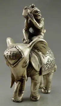 Elaborarea Chinezesc de Colectie Vechi Decora Argint Tibetan Maimuță Deține Sigiliul Așezat pe Elefant Statuie