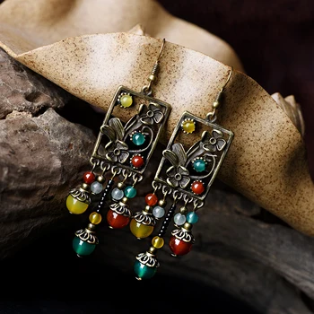 Etnice picătură lung legăna cercei pentru femei de culoare piatra aventurin cupru floare picătură verde galben margele cârlig de bijuterii vintage