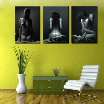Fara rama 3 Panouri Fundal Negru pentru Femei Sexy Nud Poze Panza de Imprimare Moderne de Arta de Perete pentru Dormitor Decor