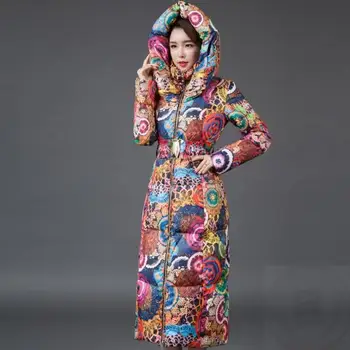 Femei Jacheta de Iarna pentru Femei cu Gluga Lunga din bumbac imprimat-captusit haina