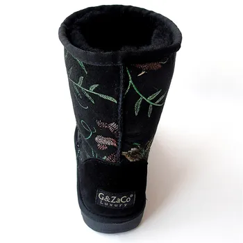 G&Zaco De Lux Piele De Oaie Cizme De Zapada Broderie De Imprimare Negru Femei Impermeabil Lână Cizme Jumătatea Vițel De Blana De Oaie Plat Pantofi De Iarna