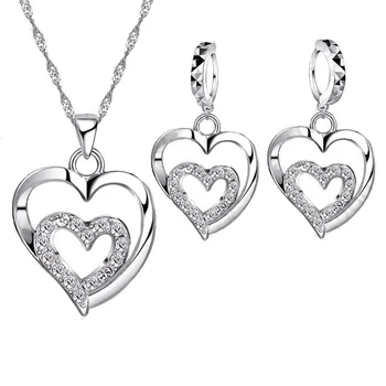 Giemi Romantic Femei Seturi de Bijuterii Argint 925 cu Zircon CZ Dublu de Cristal Dragoste Inima Colier și Cercei Set de Bijuterii de Vânzare Fierbinte