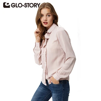 GLO-STORY Femei Plus dimensiune Bluze 2017 Toamna de Moda Bluza cu Papion Maneca Lunga Biroul Tricouri Femei Topuri Bluas WCS-2998