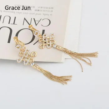 Grace Jun 4 Culori Alege Stras Chineză Nod Ciucure Lung Stil Clip pe Cercei Fara Piercing și Străpuns Cercei Noi
