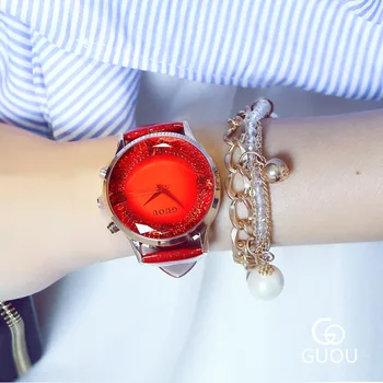 GUOU Brand de Lux Doamnelor Cuarț Ceas Femei Stras Impermeabil Ceasuri de Moda Curea Piele Cadran Mare Încheietura Ceasuri