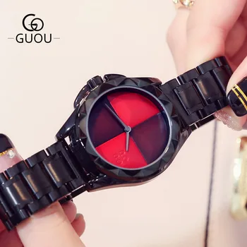 GUOU Doamnelor de Brand Creativ Femei Ceasuri Negru Bandă de Oțel Cuarț Ceasuri de mana Femei Rochie Ceas Moda Ceas Saat Montre Femme