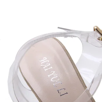 HAIYUELI Vara Femei Sandale PVC Bloc cu Toc de Cristal Clar Transparent Sandale Concis Cataramă Curea Glezna Pompa de Pantofi de Nunta