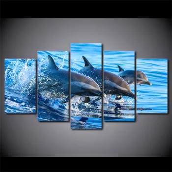 HD Tipărite de 5 Piese Albastru Ocean Sărituri Delfin Poze de Perete pentru Living Modern Postere si Printuri Transport Gratuit CU-1509B