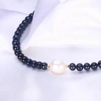 HENGSHENG Natural Negru de apă Dulce Pearl Colier de Moda Pentru Femei,6.5-7mm Aproape Rotund Negru Perla cu 13-14mm Mare Braque Perla