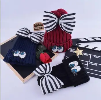Iarna Casual Căciuli Cu Dungi Arcuri Tricotate Toucas Capota Desene Animate Ochii Pălării Pentru Copii Băieți Fete De Schi Capac Cald Chelioși Gorros