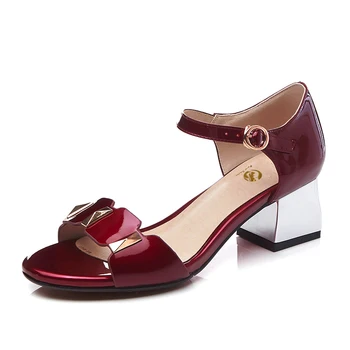 Intenția Inițială Femei, Sandale Piele, Sandale Toc Patrat Sandale De Moda De Argint Vin Roșu Pantofi De Femeie Dimensiunea De 3-10.5