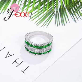JEXXI Dublă de Lux cu Dungi Verde Cubic Zirconia Inele Argint 925 cu Degetul Bijuterii pentru Femei, Fete de Logodna si de Nunta