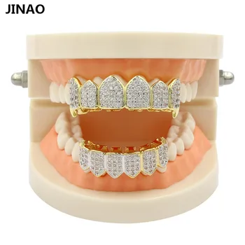 JINAO Hip Hop Dinți Grillz de Culoare de AUR si Argint Placat cu Micro Pave CZ Aur Fang Sus & Jos Dinți Gratare Vampiri Nava De la NOI