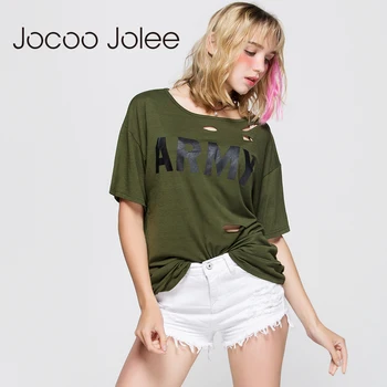 Jocoo Jolee Solid Gaura Străpunsă T-shirt Femei de Moda Scrisoare Mâneci Scurte Casual de Vara Liber de Brand Design Lung Tricouri Pentru Doamna