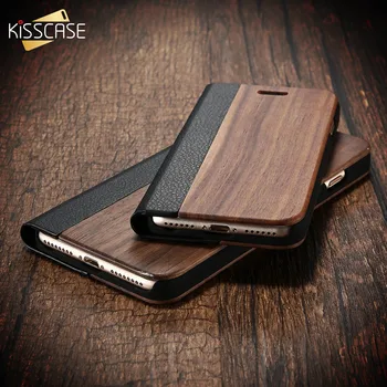 KISSCASE Bambus Piele Flip case Pentru iPhone X 6 6S 7 8 Plus din Lemn Natural Cazuri de Protecție Pentru Samsung Galaxy S7 S7 Edge Scoici