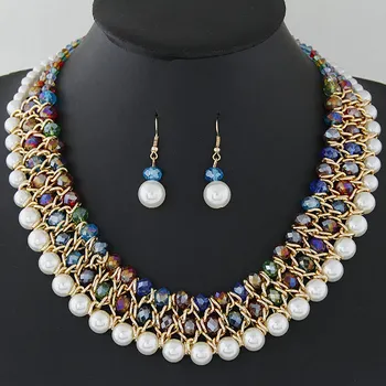 Kymyad Imitație De Perle Seturi De Bijuterii Pentru Femei Africane Set De Bijuterii Margele De Culoare De Aur Multistrat Declarație Colier Cercei Set