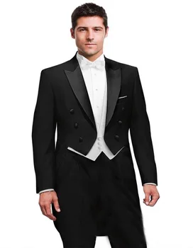 La modă Negru Frac de Mire Costume Cavalerii de onoare Bărbați Nunta Bal Costume Mire (Sacou+Pantaloni+Vesta+Cravata)