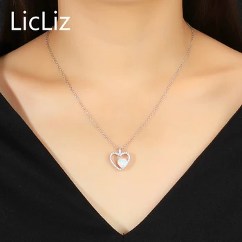 LicLiz Micro Pave Cubic Zirconia Inima Colier cu Pandantive Femei Argint 925 cu Opal Solitaire Colier Colar Lanțuri LN0266