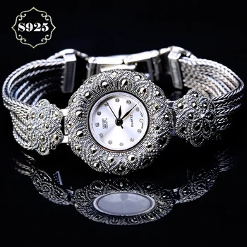 Limitat Clasic Elegant S925 Argint Pur Thai Argint Floare De Prune Ceasuri Brățară Thailanda Procesul Stras Brățară Dresswatch