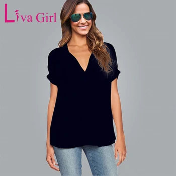 Liva Fata Negru T Shirt pentru Femei V-Gât Supradimensionat Top Șifon Plus Dimensiune Casual Tricou Tricouri Femei 2018 tricou de Vara pentru Femeie Solidă