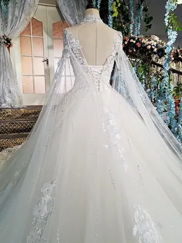 LS00169 de Lux, rochii de mireasa cu capul cu margele rochie de bal mâneci scurte înaltă neckine dantela vestido de noiva princesa poze reale