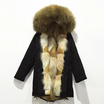 Lung stil Lux real blană de vulpe pentru femei hanorac strat de caise alb comune căptușeală de iarnă haină neagră
