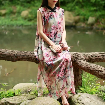 LZJN Femei Sundress Vară Stil Popular Rochie de Rezervor Raionul Rochii Florale fără Mâneci Cheongsam Elegant de Îmbrăcăminte din China Halat de Femme