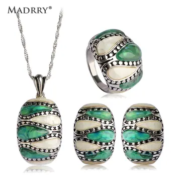 Madrry Abalone Shell Seturi De Bijuterii Colier Si Cercei Și Inel Antic Argint Placat Cu Piața Europeană De Design Seturi Mujer Accesorii