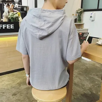 Mens Câmpii Lenjerie Pierde In Scurt Maneca Topuri Casual cu Glugă Pulover T-shirt de Vară de Moda Stil coreean Topuri Tricouri Îmbrăcăminte