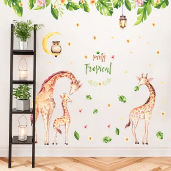 Minunat Girafe Familie Bufniță pe Luna Retro Lampa Flori Frunze Autocolante de Perete Copii Sugari Cameră Pepinieră Decor Tapet Poster de Arta