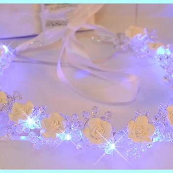 Moda Lumină Albastră Flori Benzi de Nunta Mireasa Hairwear Cristal Coroană de flori Tiare Polimer Argilă Albă Coroană de Flori cu Panglică SG103