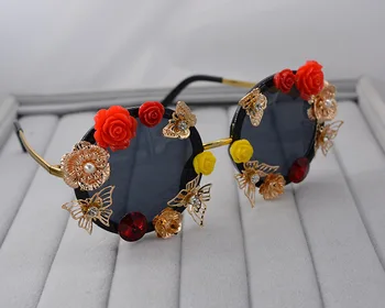 Moda stil Baroc Floare Trandafir ochelari de Soare pentru Femei Rotund Ochelari de Soare Oglindă Fluture Ochelari de Oculos De Sol Feminino Design de Brand