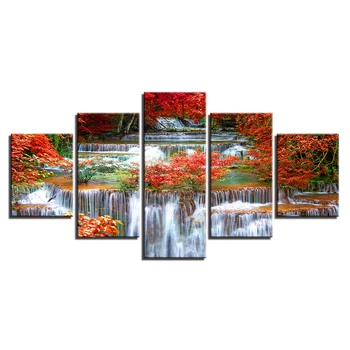Moderne De Imprimare De Tip 5 Panou Roșu Copaci Cascade, Peisaj Panza Pictura Modular Imagine Arta De Perete Acasă Decorare Camera De Zi