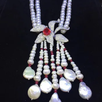 Naturale de apă dulce pearl colier pandantiv ciucuri de argint 925 cu cubic zircon floare colier moda bijuterii femei