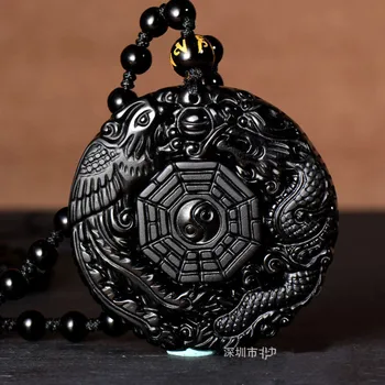 Naturale Obsidian Negru Sculptat De Mână Chineză Dragon Phoenix BaGua Norocos Amuleta Pandantiv Gratuit Colier Moda Bijuterii Fine