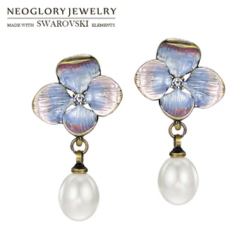 Neoglory Austria Stras & Natural Pearl & Email Lung Picătură Cercei Flori Colorate Design Elegant Stil Lady Cadou De Primăvară