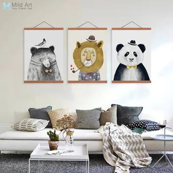 Nordic Moderne Animale Drăguț Urs Leu Din Lemn Panza Pictura Acasă Decor Camera Pentru Copii Wall Art Print Imagini Poster Hanger