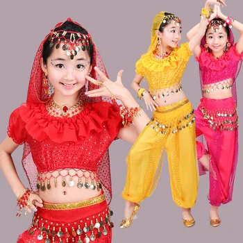 Nou stil fete Belly Dance Costum Copii Dans Indian Rochie Copilul de la Bollywood, Dans, Costume, pentru Fete rosu/roz/galben 3 culori
