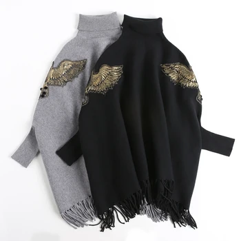 Noua toamna iarna Runway negru gri Brodate cu mărgele pelerine și cape pulovere tricotate pulover de lână femei crăciun Haina 2122
